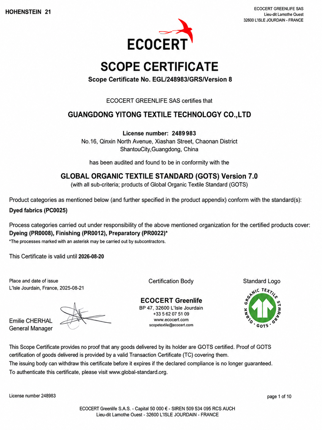 GOTS and OEKO-TEX certification documents supporting textile material compliance, chemical safety and responsible sourcing for apparel manufacturing programs.