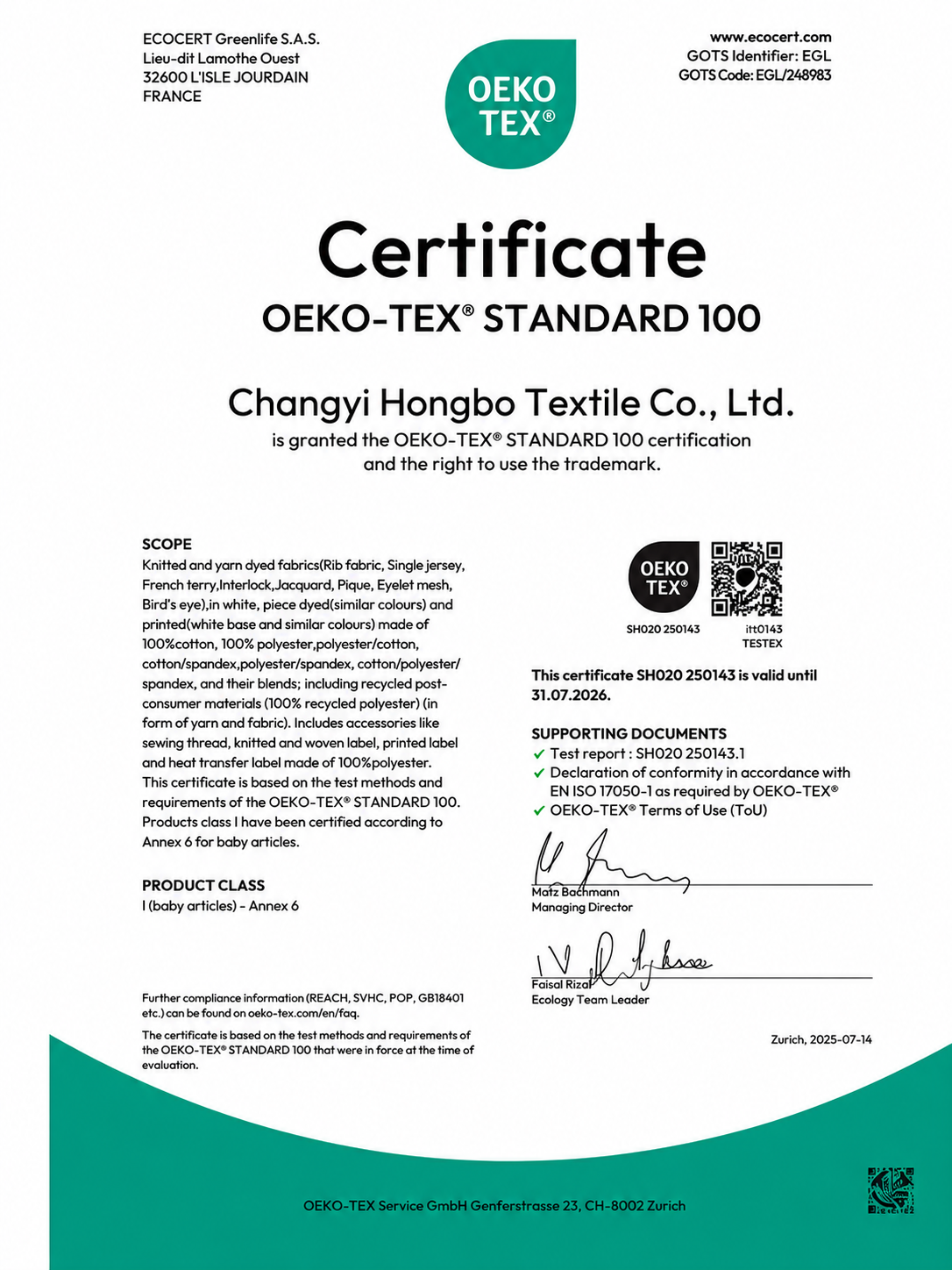 GOTS and OEKO-TEX certification documents supporting textile material compliance, chemical safety and responsible sourcing for apparel manufacturing programs.