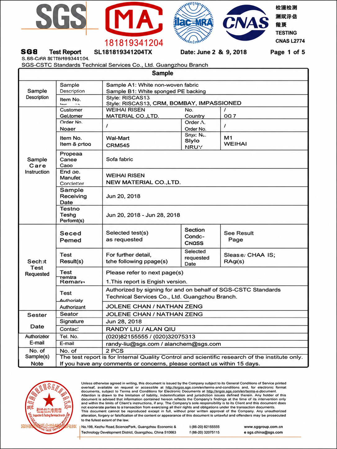 SGS textile testing reports covering material safety, chemical substances and performance requirements for apparel fabrics used in garment production.